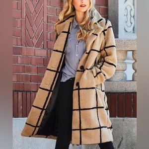 Jessica Simpson Beige & Black Long Windowpane Teddy Coat